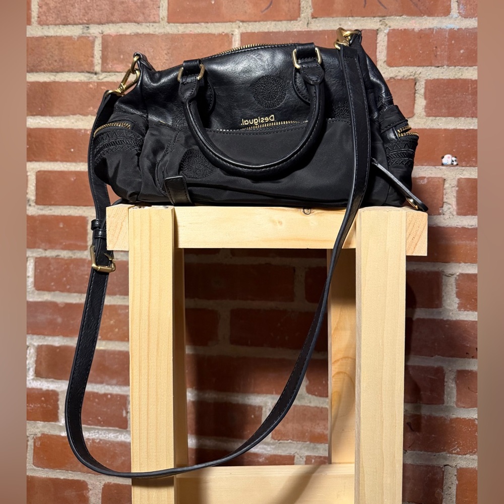 Y2K Desigual Black Leather Satchel with Gold Accents